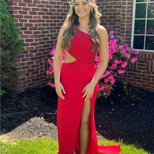 Red Asymmetrical Slit Sleeveless One Shoulder Gown